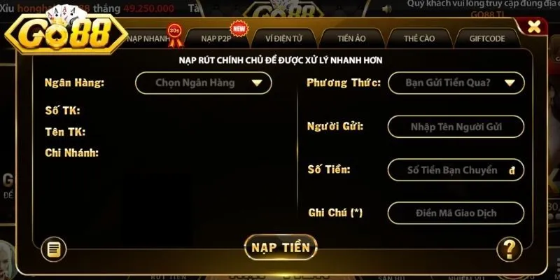 Chi tiết hướng dẫn từng bước nạp tiền Go88